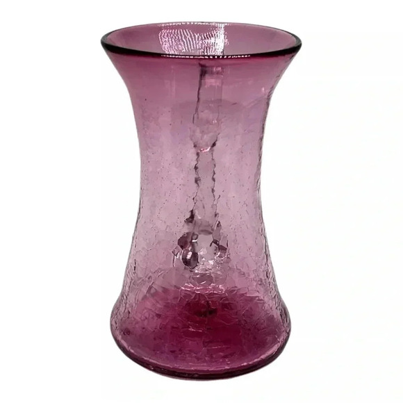 R. FOSTER Cranberry Pink Crackle Glass Pitcher Clear Handle VTG 1997 Signed 5.5" - Picture 2 of 7